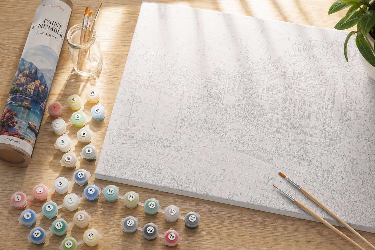 Ein komplettes Malen nach Zahlen-Set auf einem Tisch mit Leinwand, leuchtenden Acrylfarben und Holzpinseln, bereit für eine kreative Session.